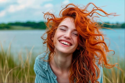 A happy red-haired woman laughing in nature with a lake in the background, AI generated, AI