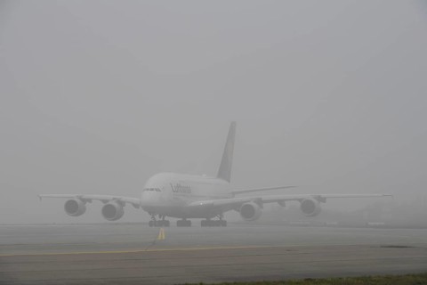 Lufthansa Airbus A380-800 taxiing in the fog, Terminal 2, Munich Airport, Upper Bavaria, Bavaria,