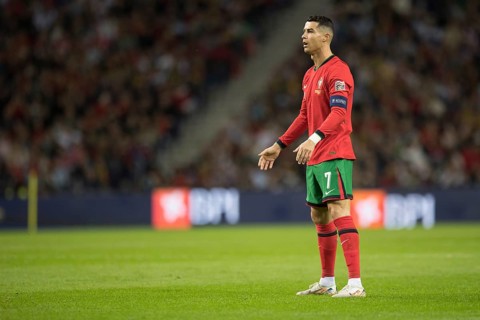 Football match, captain Cristiano RONALDO CR7 Portugal in front of the free kick with view to the