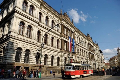 Tram in front of the Academy of Sciences of the Czech Republic, Prague