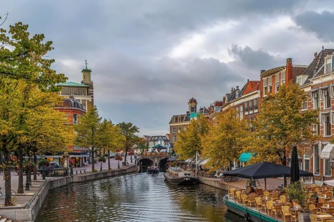 View of New Rhine river in Leiden downtown, Netherlands