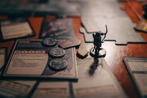 Dungeons and Dragons board game in the evening time, archer and card
