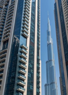 A picture of the Burj Khalifa as seen through nearby apartment buildings