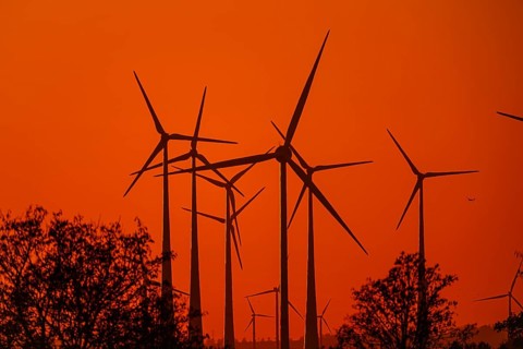 Wind turbines at sunset, Bad Wünnenberg, North Rhine-Westphalia, Germany, Europe