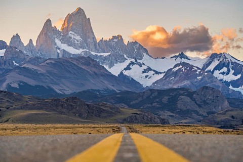 The Ruta Provincial 23 (RP23) road with Mount Fitz Roy in the morning light in Los Glaciares