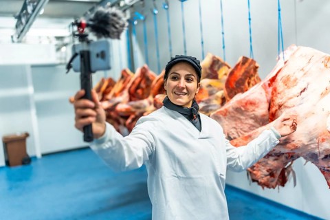 Caucasian adult female vlogger talking to audience recording inside the cold storage room in a meat