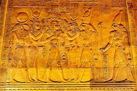 View of Relief and Hieroglyphs on the wall in The Temple of Sobek and Horus at Kom Ombo, Aswan