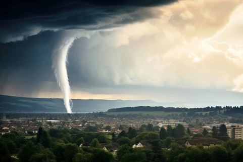 A tornado moves towards a housing estate with great destructive force, tornado, severe weather,