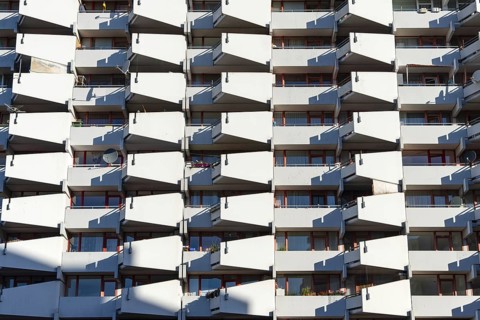 High-rise residential building with balconies and satellite dishes, Trabantenstadt Chorweiler in