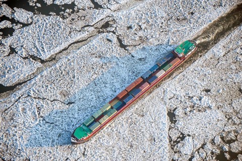 Aerial view of a barge during ice conditions on the Elbe, transport, traffic, weather, climate,