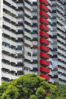 High-rise residential building with balconies and satellite dishes, Trabantenstadt Chorweiler in
