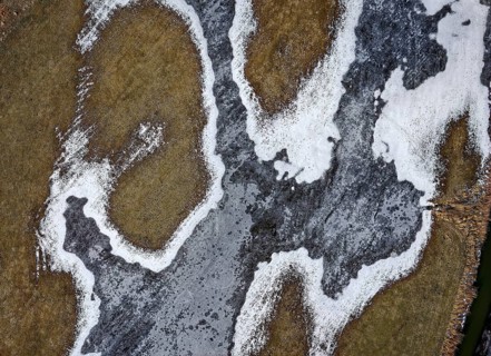 Icy landscape of the Havel floodplain in the Altmark. Aerial view. Havelberg, Saxony-Anhalt,