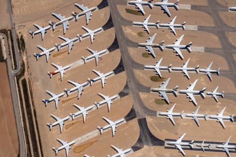 Aerial view of parked commercial aircraft at Teruel Airport in Aragon, parking, storage, scrapping,