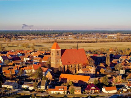The Hanseatic town of Werben and St John's Church in the Altmark. Aerial view. Werben,