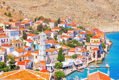 Emporio town, top view, Halki Island, Dodecanese Islands, Greece, Europe