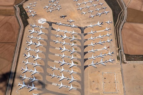Aerial view of parked commercial aircraft at Teruel Airport in Aragon, parking, storage, scrapping,
