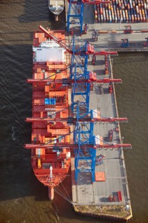 Aerial view of the container ship of the shipping company Hamburg Süd the Santa Teresa at the