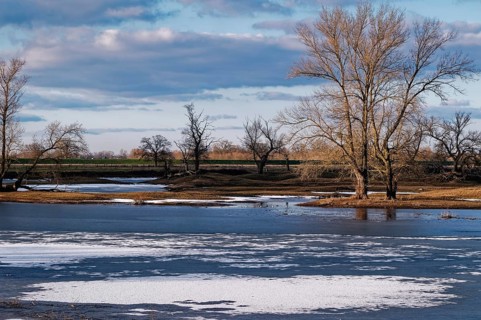 Icy waters on a winter evening in the floodplains of the Elbe valley near Beuster. Seehausen,