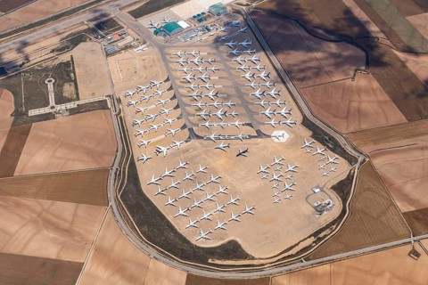 Aerial view of parked commercial aircraft at Teruel Airport in Aragon, parking, storage, scrapping,