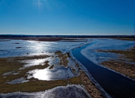 Icy river landscape of the Havel floodplain in the Altmark. Aerial view. Havelberg, Saxony-Anhalt,