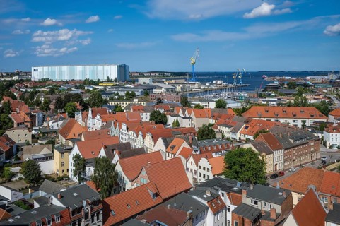 Wismar, Mecklenburg-Western Pomerania, Germany, city view of Wismar's old town centre, behind MV