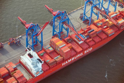 Aerial view of the container ship of the shipping company Hamburg Süd the Santa Teresa at the