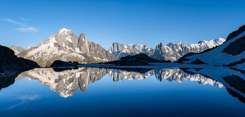 Mountain landscape in the evening light, water reflection in Lac Blanc, mountain peak, Aiguille