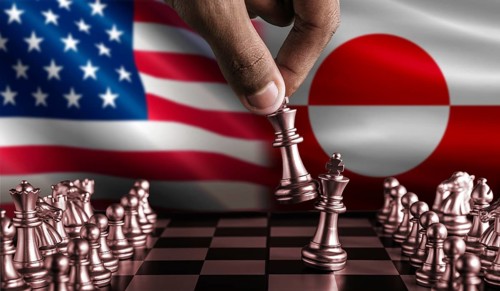 Political tension between USA and Greenland. Greenland vs USA flag on chessboard. Greenland