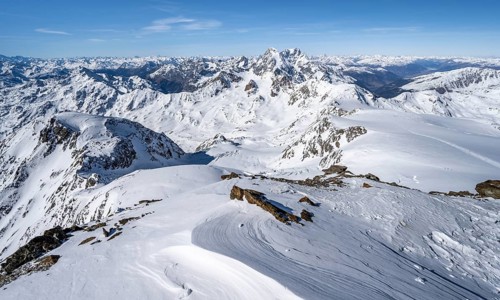 View from the summit of Monte Cevedale, mountain panorama with summit Königsspitze and Ortler,