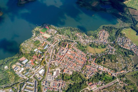 Aerial view of the town of Sternberg, Sternberger Seenland nature Park, lake district, terminal