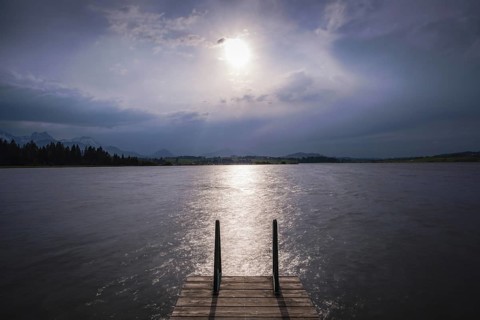 Sunset, Hopfensee, Hopfen am See, near Füssen, Ostallgäu, Allgäu, Bavaria, Germany, Europe