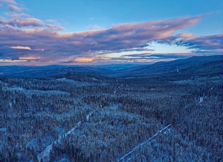 Huge wooded areas, mixed forest covered in snow, characterise the landscape between Szklarska