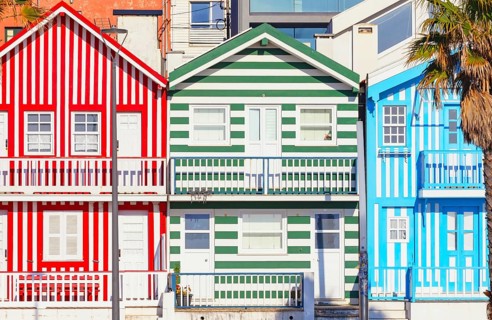 Traditional wooden striped houses, Costa Nova do Prado, Aveiro, Portugal, Europe