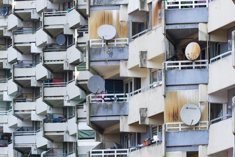 High-rise residential building with balconies and satellite dishes, Trabantenstadt Chorweiler in