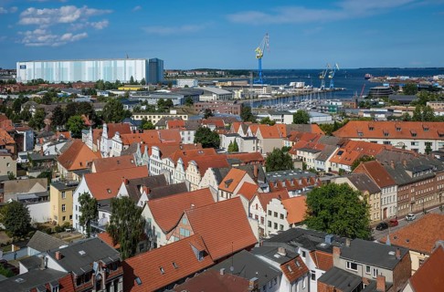 Wismar, Mecklenburg-Western Pomerania, Germany, city view of Wismar's old town centre, behind MV