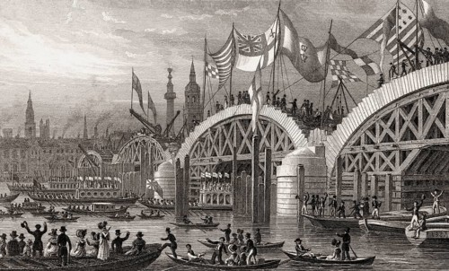 New London Bridge, with the Lord Mayor's Procession 1827, London, illustration by Th. H. Shepherd