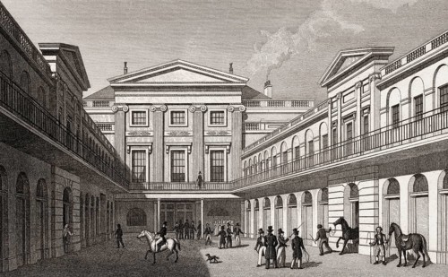 London Horse and Carriage Repository, Gray's Inn Road, London, UK, illustration by Th. H. Shepherd,