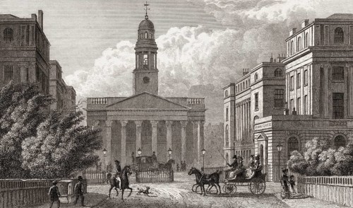 York Gate with St Marylebone Parish Church, Regent's Park, London, UK, illustration by Th. H.