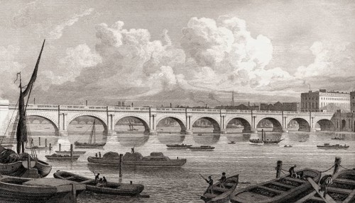 Waterloo Bridge, London, UK, illustration by Th. H. Shepherd, 1826