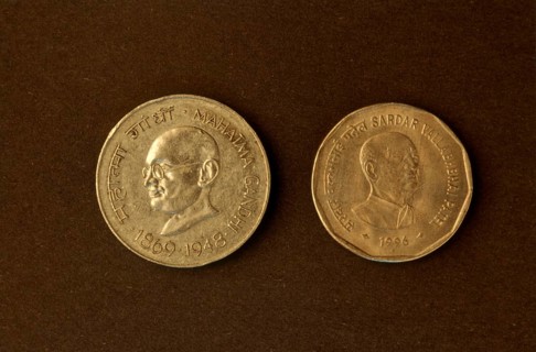 Coins with face mark of mahatma gandhi and v. patel, India, Asia