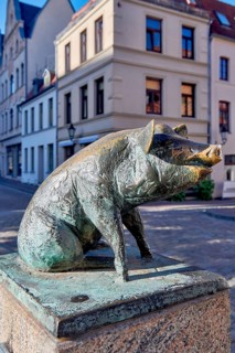 Bronze wild boar figure on a pedestal on an urban street, pig bridge with a group of four pigs on
