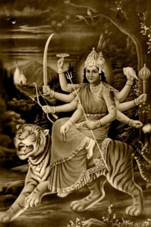 Heritage, old picture postcard, 1935 mythology Ambamata on tiger, Bombay Mumbai, Maharashtra,