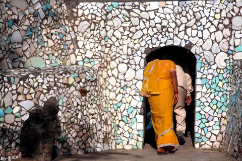 Tourists at Rock garden initiated by Nek Chand around 1957at Chandigarh Union Territory, India,