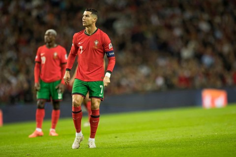Football match, captain Cristiano RONALDO CR7 Portugal has just taken a free kick with his right
