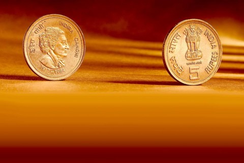 Double pair Indian currency five rupees coin front side and backside manner embossed Indira Gandhi