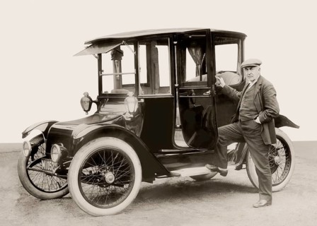 Thomas Alva Edison, 1847, 1931, American inventor, with Detroit Electric automobile, 1913,