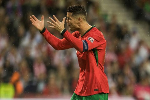Football match, captain Cristiano RONALDO CR7 Portugal protests energetically and angrily with his