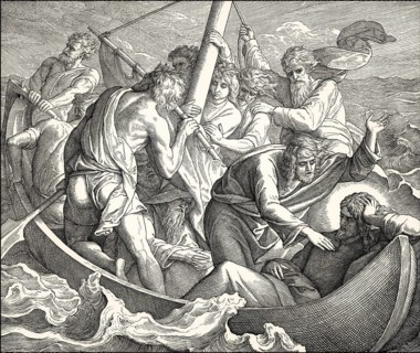 Jesus sleeps in boat during the storm, New Testament, by Julius Schnorr von Carolsfeld, 1860