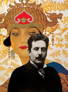 Portrait of Giacomo Puccini, digitally edited according to a photograph, promotional poster for