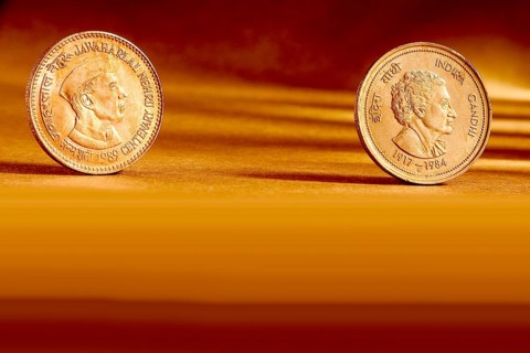 Double pair Indian currency five rupees coin front side and backside manner embossed Jawaharlal